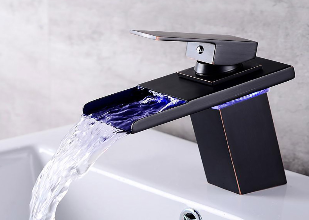LED Sensor Color Change Bathroom Faucet Black Chrome Basin Mixer Waterfall Spout