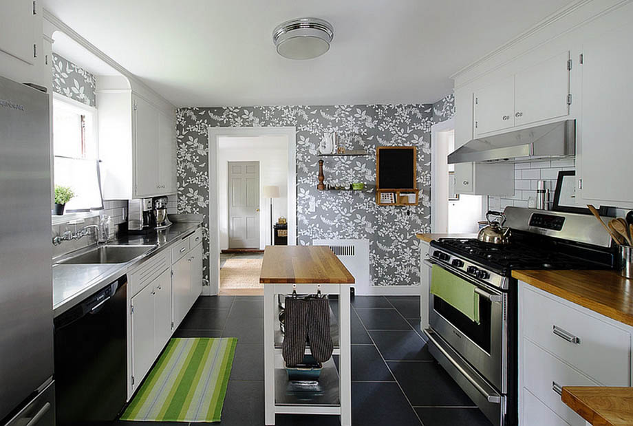 Wallpaper in neutral hues is more apt for contemporary kitchens