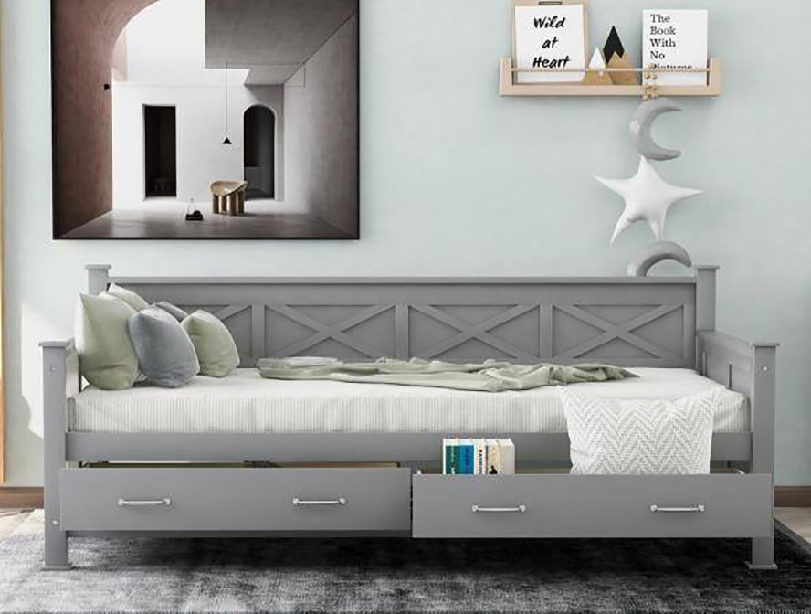 qualfurn gray twin Size rustic shaped frame daybed with 2 large drawers