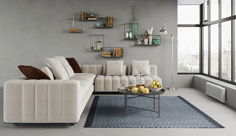 Sectional sofa with rug and coffee table modern floating shelves